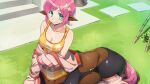  1girl animal_ears artist_request bare_shoulders blue_eyes breasts centaur cleavage eyebrows_behind_hair game_cg grass hair_ornament horse_ears leg_warmers looking_at_viewer medium_breasts monster_musume_no_iru_nichijou monster_musume_no_iru_nichijou_online official_art on_floor outdoors partially_unzipped pink_hair short_hair smile solo star_(symbol) star_hair_ornament tank_top taur tsen_(monster_musume) yellow_tank_top 