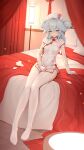  1girl absurdres bed bed_sheet bedroom blue_eyes breasts china_dress chinese_clothes chinese_new_year dress girls&#039;_frontline gloves hat highres indoors light_blue_hair long_hair on_bed pa-15_(girls&#039;_frontline) pillow short_dress short_sleeves sitting sitting_on_bed small_breasts thighhighs two_side_up white_dress white_gloves white_headwear white_legwear wo_you_yibei_jia_wanli 