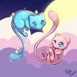  2others blue_skin cloud cloudy_sky colored_skin commentary english_commentary hylianruto looking_at_another mew multiple_others no_humans one_eye_closed pink_skin pokemon pokemon_(creature) sky sparkle tagme tail 