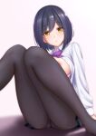  1girl :o absurdres ameato arm_support ass bangs blue_hair blush bow bowtie bra bra_pull breasts breasts_out brown_legwear clothes_pull collared_shirt expressionless eyebrows_visible_through_hair foot_out_of_frame hair_between_eyes highres large_breasts legs_together looking_at_viewer miniskirt mole mole_under_eye nijisanji nipples no_shoes on_floor open_clothes open_mouth open_shirt panties panties_under_pantyhose pantyhose parted_lips pleated_skirt purple_bow purple_bowtie purple_bra school_uniform shirt shizuka_rin short_hair simple_background sitting skirt solo underwear virtual_youtuber white_background white_shirt yellow_eyes 