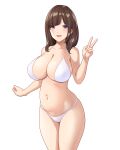  1girl absurdres bikini brown_hair closed_eyes commentary_request eyebrows_visible_through_hair hand_up highres looking_at_viewer marui_koishi navel open_mouth original purple_eyes short_hair simple_background stomach swimsuit v white_background white_bikini 
