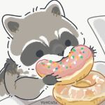  2022 black_eyes black_nose chibi dessert dot_eyes doughnut eating feral food grey_body mammal procyonid raccoon solo yencatx 