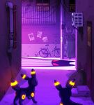  animal_ears bicycle commentary dark dog english_commentary gengar ghost ground_vehicle highres hylianruto multiple_tails night no_humans outdoors pokemon red_eyes road street tagme tail trash_bag twitter_username umbreon youkai 