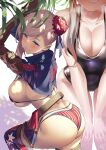  1girl american_flag_bikini ass asymmetrical_gloves asymmetrical_hair bangs bare_arms bare_shoulders belt bent_over bikini blue_eyes blue_ribbon blush breasts brown_belt bun_cover cleavage collarbone commentary covered_navel cropped_jacket eyebrows_visible_through_hair facing_viewer fate/grand_order fate_(series) fingerless_gloves flag_print from_side gloves grin hair_bun hair_ribbon hands_on_own_knees head_out_of_frame highres large_breasts leaning_forward long_hair mismatched_gloves miyamoto_musashi_(fate) miyamoto_musashi_(swimsuit_berserker)_(fate) multiple_views official_alternate_costume one-piece_swimsuit pink_hair print_legwear ribbon shrug_(clothing) side_bun sidelocks skindentation smile sweat swept_bangs swimsuit teeth thighhighs thighs uo_denim 