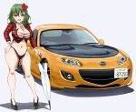  1girl adapted_costume ascot black_footwear black_panties borrowed_design breasts car cleavage clothes_writing collared_shirt commentary_request crop_top eunos_roadster flower full_body green_hair ground_vehicle hair_flower hair_ornament hand_on_hip happy high_heels highres kazami_yuuka large_breasts legs long_sleeves masegohan medium_hair midriff motor_vehicle navel open_mouth panties parasol plaid plaid_skirt race_queen red_eyes red_shirt revealing_clothes shirt simple_background skirt standing stomach thighs touhou umbrella underwear v-shaped_eyebrows white_background yellow_ascot 