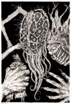  1boy amygdala bloodborne claws from_software hat highres horror_(theme) hunter_(bloodborne) inking monicabares monochrome size_difference tendril too_many_eyes video_game 