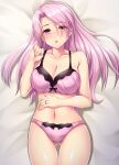  1girl absurdres ass_visible_through_thighs bed_sheet blush bra breasts cleavage collarbone cowboy_shot eyebrows_visible_through_hair highres jewelry kantai_collection large_breasts long_hair luigi_di_savoia_duca_degli_abruzzi_(kancolle) navel open_mouth panties pink_bra pink_eyes pink_hair pink_panties ring ruin_re_birth solo underwear underwear_only wedding_band 