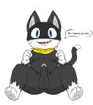  3_toes 4_fingers all_fours anthro atlus balls bandanna big_balls black_body black_fur blue_eyes blush bodily_fluids dbsbulmaspanties dialogue domestic_cat erection fangs feet felid feline felis fingers fist fur genitals glans hi_res humanoid_genitalia humanoid_penis kerchief locitony looking_at_viewer male mammal mask megami_tensei megami_tensei_persona moobs morgana_(persona) mostly_nude motion_lines multicolored_body multicolored_fur neckerchief nervous oddity_(editor) open_mouth penis presenting presenting_balls presenting_penis shaded sharp_teeth simple_background slightly_chubby small_penis smile solo speech_bubble spread_legs spreading sweat talking_to_viewer teeth text toes video_games white_background 