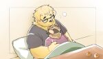 bedding blanket brown_body canid canine canis clothing domestic_dog duo eyes_closed eyewear food fruit glasses inunoshippo kotatsu lying male mammal plant procyonid raccoon shirt size_difference sleeping slightly_chubby tangerine_(fruit) topwear 