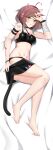  1girl absurdres ahoge animal_ears arm_belt bandaged_arm bandages bare_shoulders barefoot bed_sheet black_choker black_panties black_shirt black_skirt breasts brown_hair choker clothes_pull commission crop_top dakimakura_(medium) fake_animal_ears frown gradient_hair hairband hand_up heart heart_tattoo highres looking_at_viewer lying medium_breasts midriff miniskirt multicolored_hair nail_polish navel on_back open_mouth original panties pulled_by_self revealing_clothes shirt short_hair skindentation skirt skirt_pull sleeveless sleeveless_shirt solo stomach tail tamatabe tattoo thighs toenail_polish toenails underwear wristband yellow_eyes 