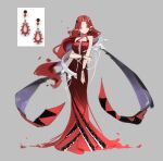  1girl chyoel closed_mouth dress earrings grey_background highres jewelry long_dress long_hair looking_at_viewer original pointy_ears red_dress red_eyes red_hair simple_background solo very_long_hair wristband 