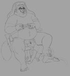  2022 anthro belly bulge clothed clothing controller didelphid duo erection erection_under_clothing eyewear game_controller gaming glasses horrorbuns humanoid_hands male male/male mammal marsupial navel overweight overweight_male playing_videogame procyonid raccoon sitting size_difference 