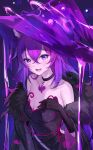  1girl :d alchemilla_menace bare_shoulders black_choker black_dress black_gloves breasts choker collarbone cyberlive dress emyo fang feather_boa gloves hat highres long_hair looking_at_viewer purple_eyes purple_hair purple_headwear purple_theme small_breasts smile solo strapless strapless_dress upper_body virtual_youtuber witch witch_hat 