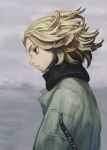  1boy black_eyes black_hoodie blonde_hair closed_mouth empty_eyes grey_background grey_jacket highres hood hood_down hoodie jacket male_focus medium_hair profile sano_manjirou solo tokyo_revengers upper_body waterstaring 