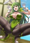  1girl alternate_costume animal_ears ascot black_legwear blurry blurry_background breasts fire_emblem fire_emblem:_mystery_of_the_emblem gloves green_ascot green_eyes green_footwear green_hair green_leotard high_heels highres large_breasts leotard long_hair palla_(fire_emblem) pantyhose playboy_bunny pom_pom_(clothes) rabbit_ears sirano smile solo spread_legs squatting thighband_pantyhose white_gloves wrist_cuffs 