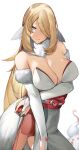  1girl absurdres alternate_costume arm_under_breasts bare_shoulders blonde_hair breasts bridal_gauntlets cleavage closed_mouth cowboy_shot cynthia_(pokemon) eyes_visible_through_hair fur-trimmed_sleeves fur_collar fur_trim grey_eyes hair_ornament hair_over_one_eye highres hisuian_zorua holding holding_poke_ball japanese_clothes kimono large_breasts long_hair nervous_smile obi poke_ball poke_ball_(legends) pokemon pokemon_(creature) raised_eyebrows sash simple_background solo strapless very_long_hair white_background white_kimono yuuyuu_(yuuki1771) 