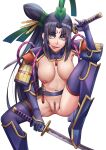  1girl anus armor bangs black_hair black_headwear black_legwear breasts commentary crotch facial_mark fate/grand_order fate_(series) forehead_mark garter_belt hair_bun hat highres japanese_armor katana knee_up kote long_hair long_sleeves looking_at_viewer medium_breasts multicolored_eyes navel nipples orange_eyes parted_bangs purple_eyes purple_lips pussy sakuya_(liao_kj) shoulder_armor side_bun side_ponytail sidelocks sitting smile sode solo spread_legs suneate sword taira_no_kagekiyo_(fate) tassel thighhighs tongue tongue_out ushiwakamaru_(fate) very_long_hair weapon 