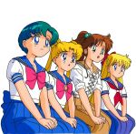  1990s_(style) 4girls :o aino_minako bangs bishoujo_senshi_sailor_moon blue_eyes blue_skirt bow brown_skirt double_bun earrings expressionless eyebrows_visible_through_hair feet_out_of_frame gaijin_4koma_(meme) green_eyes hair_bow hands_on_lap high_ponytail jewelry kino_makoto long_hair long_skirt meme mizuno_ami multiple_girls neckerchief non-web_source official_art open_mouth own_hands_together pleated_skirt retro_artstyle school_uniform serafuku short_hair short_sleeves simple_background skirt stud_earrings tsukino_usagi twintails v_arms white_background 