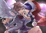  2girls :p amano_hagoromo angel_wings bangs blob blue_eyes blue_hair boots bow bowtie braid brooch capelet crossed_legs doremy_sweet dream_soul dress eyebrows_behind_hair feathered_wings feet_out_of_frame foot_out_of_frame french_braid hand_on_another&#039;s_face jacket jewelry kishin_sagume light_smile long_sleeves looking_at_viewer multiple_girls parted_lips pom_pom_(clothes) purple_dress red_bow red_bowtie red_eyes red_headwear short_hair sidelocks silver_hair simple_background single_wing tongue tongue_out touhou white_jacket wings yuri 