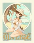  1girl artist_name bare_legs bare_shoulders barefoot beach bikini blue_bow blue_shirt blue_sky bow bow_bikini breasts brown_eyes brown_hair brown_headwear cleavage closed_mouth collarbone commentary cover english_commentary fei_(fayappa) full_body hair_bow hand_up hat highres linea_alba long_hair looking_at_viewer magazine_cover medium_breasts ocean off_shoulder open_clothes open_shirt original outdoors palm_tree shirt sitting sky solo sun_hat swimsuit tree wariza white_bikini yellow_bow 