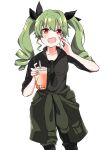  1girl anchovy_(girls_und_panzer) anzio_military_uniform bangs black_necktie black_ribbon black_shirt boots chinese_commentary clothes_around_waist commentary cup disposable_cup dress_shirt drill_hair drinking_straw eyebrows_visible_through_hair girls_und_panzer green_hair grey_pants hair_ribbon hand_to_own_mouth highres holding holding_cup knee_boots long_hair long_sleeves looking_at_viewer loose_necktie military military_uniform necktie open_collar open_mouth pants red_eyes ribbon shirt simple_background sleeves_rolled_up smile solo standing twin_drills twintails uniform white_background wing_collar yujenliu 