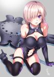  1girl bare_shoulders blush breasts cleavage elbow_gloves fate/grand_order fate_(series) gloves hair_over_one_eye high_heels highres large_breasts mash_kyrielight navel pink_hair purple_eyes sanrokumaru shield solo thigh_strap thighhighs 