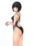  1girl absurdres amagami ass black_eyes black_hair black_swimsuit bob_cut breasts competition_swimsuit cowboy_shot from_behind highres looking_at_viewer medium_breasts nanasaki_ai one-piece_swimsuit own_hands_together short_hair smile solo standing swimsuit ykh1028 