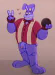  &lt;3 2022 animatronic anthro ball balls black_eyebrows bottomless bow_tie bowling bowling_ball bowserboy101 clothed clothing collaboration eyebrows fingerless_gloves five_nights_at_freddy&#039;s five_nights_at_freddy&#039;s:_security_breach flaccid genitals gesture glamrock_bonnie_(fnaf) glass0milk gloves grey_background handwear hi_res holding_ball holding_object humanoid_genitalia humanoid_penis lagomorph leporid looking_at_viewer machine male mammal multicolored_body muscular muscular_anthro muscular_male penis polo_shirt purple_body rabbit robot scottgames shirt simple_background smile solo sport standing teeth topwear two_tone_body v_sign video_games 