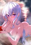  1girl apple ass bangs blue_eyes blue_hair blush breasts bucket choker collarbone completely_nude eyebrows_visible_through_hair food fruit hair_between_eyes hair_down hand_on_own_face hcz_n highres holding holding_food hololive hoshimachi_suisei long_hair looking_at_viewer medium_breasts medium_hair nude onsen open_mouth red_apple smile solo star_(symbol) star_in_eye steam symbol_in_eye towel virtual_youtuber water wooden_bucket 