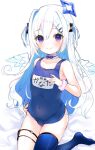  1girl amane_kanata bangs bare_shoulders bed_sheet blue_hair blue_legwear blue_swimsuit blush closed_mouth collarbone commentary_request covered_navel eyebrows_visible_through_hair feathered_wings hair_between_eyes hololive long_hair mini_wings multicolored_hair name_tag no_shoes old_school_swimsuit purple_eyes school_swimsuit scrunchie single_thighhigh smile solo swimsuit thighhighs two-tone_hair two_side_up very_long_hair virtual_youtuber white_background white_hair white_scrunchie white_wings wings wrist_scrunchie yazawa_oke 