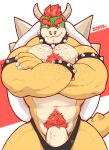  2022 anthro armband big_muscles big_penis blush body_hair bowser bracelet chest_hair claws clothed clothing collar crossed_arms erection erection_under_clothing eyebrows front_view genitals hair hi_res horn humanoid_genitalia humanoid_penis jasperbro jewelry koopa looking_at_viewer male mario_bros muscular muscular_anthro muscular_male navel nintendo pecs penis pubes red_background scalie shell signature simple_background smile solo spiked_armband spiked_bracelet spiked_collar spiked_shell spikes spikes_(anatomy) standing thick_penis thong underwear video_games white_background 