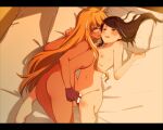  2girls ahoge alma_armas black_hair blonde_hair blush breasts censored commentary_request commission completely_nude dark-skinned_female dark_skin face-to-face fingering glasses jill_stingray large_breasts long_hair looking_at_another lying mechanical_hands multiple_girls nude on_back on_side pillow pillow_grab pussy_juice sekihara_umina shadow skeb_commission small_breasts smile sweat va-11_hall-a very_long_hair yuri 