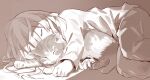  1girl animal cat cloneko_(zelmeledf2) closed_eyes cuddling greyscale highres long_hair lying monochrome on_side original simple_background sleeping 
