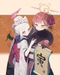  2girls aru_(blue_archive) blue_archive calligraphy_brush flower fur_trim hair_flower hair_ornament highres hug japanese_clothes kimono looking_at_viewer majiang multiple_girls mutsuki_(blue_archive) open_mouth orange_eyes paintbrush parted_lips purple_eyes red_hair tied_hair upper_body white_hair 