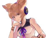  1girl amano_hagoromo armpit_peek bangs bare_shoulders blonde_hair blurry bracelet breasts brown_eyes closed_mouth collarbone depth_of_field earmuffs expressionless face hand_up highres jewelry looking_at_viewer pointy_hair shirt simple_background small_breasts solo touhou toyosatomimi_no_miko upper_body white_background white_shirt 