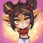  1girl antenna_hair bangs bare_shoulders blush bow brown_background double_bun firecracker_tristana grey_pants hair_bow heart heart-shaped_pupils league_of_legends midriff multicolored_background orange_eyes pants phantom_ix_row pink_background pointy_ears red_bow red_shirt rope shirt smile solo symbol-shaped_pupils tristana 