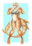  4_toes 5_fingers anthro beads big_tail bikini blue_eyes breasts clothing cute_fangs eurikagray featureless_crotch feet female fin fingers fish hair hi_res long_hair looking_at_viewer marine markings membrane_(anatomy) nails non-mammal_breasts shark simple_background smile solo striped_markings stripes sushi_(sootsprite) swimwear teeth toes webbed_hands white_hair 