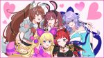  5girls ^_^ ahoge animal_ears animal_hands asahina_akane_(nijisanji) bangs blonde_hair blue_eyes blue_flower blue_kimono blush braid brown_eyes brown_hair closed_eyes cowlick dress earrings eyebrows_visible_through_hair facial_mark fake_animal_ears fake_horns flower fox_ears fox_girl fumi_(nijisanji) gloves hair_behind_ear hair_flower hair_ornament head_tilt heart heart_earrings heart_facial_mark highres horns japanese_clothes jewelry kimono lee_roha long_hair mugimugigo multicolored_hair multiple_girls nijisanji nijisanji_id nijisanji_kr nun_bora off-shoulder_dress off_shoulder one_eye_closed paw_gloves purple_dress purple_hair rabbit_ears red_hair short_hair smile streaked_hair twin_braids twintails virtual_youtuber zea_cornelia 