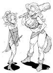  2girls ayla_(chrono_trigger) bare_shoulders blush boots breasts cape chrono_trigger cleavage closed_mouth club_(weapon) commentary covered_navel crossover final_fantasy final_fantasy_vi full_body fur-trimmed_boots fur_trim greyscale half-closed_eyes hand_on_hip highres holding holding_club ireading jewelry long_hair looking_at_another looking_away messy_hair monochrome multiple_girls muscular muscular_female navel necklace off_shoulder over_shoulder own_hands_together panties pantyshot patterned patterned_clothing polka_dot polka_dot_legwear ponytail signature simple_background smile standing sweat sword teeth tina_branford underwear weapon weapon_over_shoulder white_background 