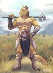  2021 5_fingers abs anthro armor axe battle_axe bone_frill boots bottomwear bracers clothing detailed_background digital_media_(artwork) dragon fingers footwear frill_(anatomy) gold_dragon gold_scales hand_on_hip hi_res loincloth looking_at_viewer male melee_weapon muscular muscular_anthro muscular_male outside patrick_(lunchmeat) ryukimori smile smiling_at_viewer solo weapon 