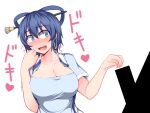  1boy 1girl :d bangs bar_censor blue_dress blue_eyes blue_hair blush breasts censored cleavage collarbone dress earrings erection eyebrows_visible_through_hair full-face_blush hair_between_eyes hair_ornament hair_rings hair_stick hand_up hoop_earrings jewelry kaku_seiga kuroba_rapid large_breasts open_clothes open_vest sanpaku short_sleeves simple_background smile solo_focus sweat teeth touhou upper_body upper_teeth vest white_background white_vest wing_collar 