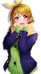  1girl :d absurdres bangs blonde_hair blue_jacket blush bow cardigan eyebrows_visible_through_hair green_cardigan hair_between_eyes hair_bow hair_intakes highres jacket koizumi_hanayo long_sleeves looking_at_viewer love_live! love_live!_school_idol_project medium_hair nakano_maru open_clothes open_jacket red_eyes scarf shiny shiny_hair simple_background sleeves_past_wrists smile solo twitter_username white_background yellow_bow yellow_scarf 