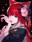  1girl absurdres animal_ears aqua_eyes black_background blood fingernails flower hair_flower hair_ornament hair_ribbon highres japanese_clothes kimono licking licking_blood licking_hand looking_at_viewer minj_kim original petals red_eyes ribbon simple_background solo upper_body 