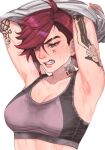  1girl armpits arms_up artist_name blue_eyes breasts cleavage dated highres league_of_legends noriuma nose_piercing parted_lips piercing red_hair short_hair sweat tattoo teeth undressing upper_body vi_(league_of_legends) 