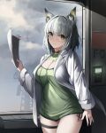  1girl absurdres animal_ear_fluff animal_ears arknights breasts cat_ears cat_girl choker chun_bae cleavage cleavage_cutout closed_mouth clothing_cutout dress green_dress green_eyes green_hair highres jacket kal&#039;tsit_(arknights) medium_hair solo thigh_strap white_jacket 