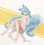  absurdres ahoge animal_ear_fluff animal_ears bangs barefoot blue_hair blush cumianjun dress fang feet fox_ears fox_girl fox_tail frilled_dress frills full_body hands_on_own_knee highres knees_together_feet_apart legs long_hair looking_at_viewer open_mouth original red_eyes short_dress sitting skin_fang sleevless spaghetti_strap sundress tail tail_raised toes twintails very_long_hair white_dress 