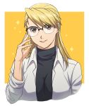  1girl absurdres adjusting_eyewear bangs blonde_hair border brown_eyes collared_shirt dress_shirt earrings fullmetal_alchemist hair_between_eyes highres jewelry long_hair long_sleeves looking_at_viewer open_clothes open_shirt over-rim_eyewear parted_lips riza_hawkeye semi-rimless_eyewear shiny shiny_hair shirt shsh8860 smile solo sweater swept_bangs turtleneck turtleneck_sweater upper_body white_border white_shirt wing_collar yellow_background 