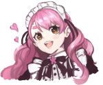  1girl aizono_manami black_bow black_dress bow brown_eyes cropped_torso dress eyebrows_behind_hair hair_behind_ear heart heart_in_eye looking_to_the_side maid maid_headdress nijisanji open_mouth pink_hair portrait satozaka smile solo symbol_in_eye virtual_youtuber white_background 