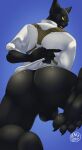  5_toes anthro anus azuki_(fortnite) balls big_butt black_body butt canid clothing curvy_figure domestic_cat feet felid feline felis foot_focus from_behind_position fur genitals harness hi_res humanoid_feet looking_at_viewer male mammal paws scar sex shirt smile solo teeth toes topwear voluptuous xdarkspace 