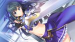  1girl armor bangs black_gloves black_hair blue_eyes breastplate closed_mouth cowboy_shot dutch_angle eyebrows_visible_through_hair fingerless_gloves floating_hair game_cg gauntlets gloves hair_ribbon hayami_shizuno hibikino-san-chi_wa_eroge-ya-san! highres holding holding_sword holding_weapon long_hair looking_at_viewer midriff miniskirt navel pleated_skirt purple_ribbon purple_skirt ribbon sawayaka_samehada shiny shiny_hair skirt smile solo standing stomach sword thighhighs twintails very_long_hair weapon white_legwear zettai_ryouiki 